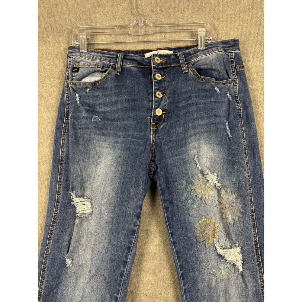KanCan KC5109M High Rise Button Fly Floral Embroidered Distressed Jeans 31 Blue